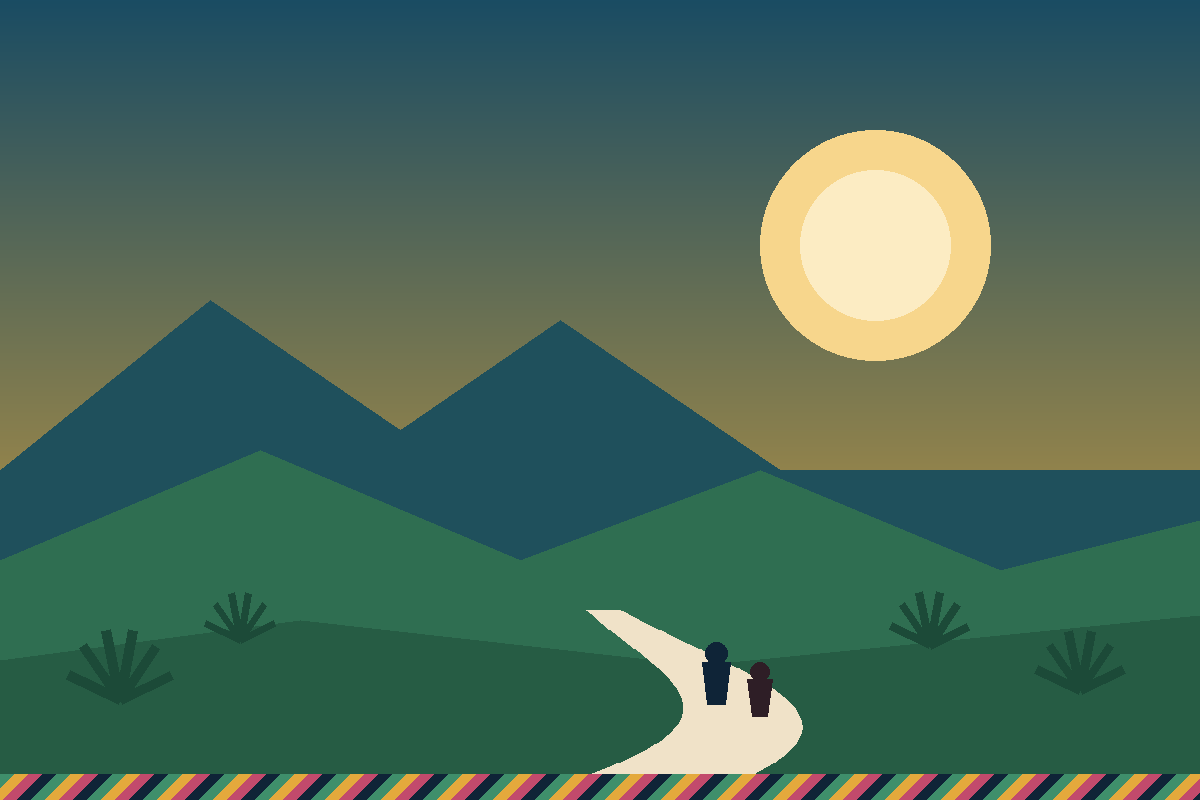Illustration of a coastal walking route at sunrise