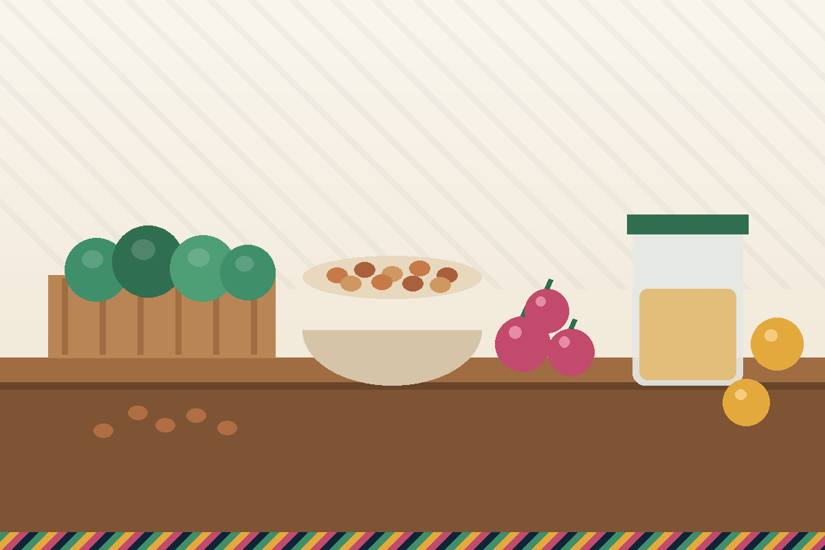 Illustration of a market table with seasonal vegetables, legumes and grains