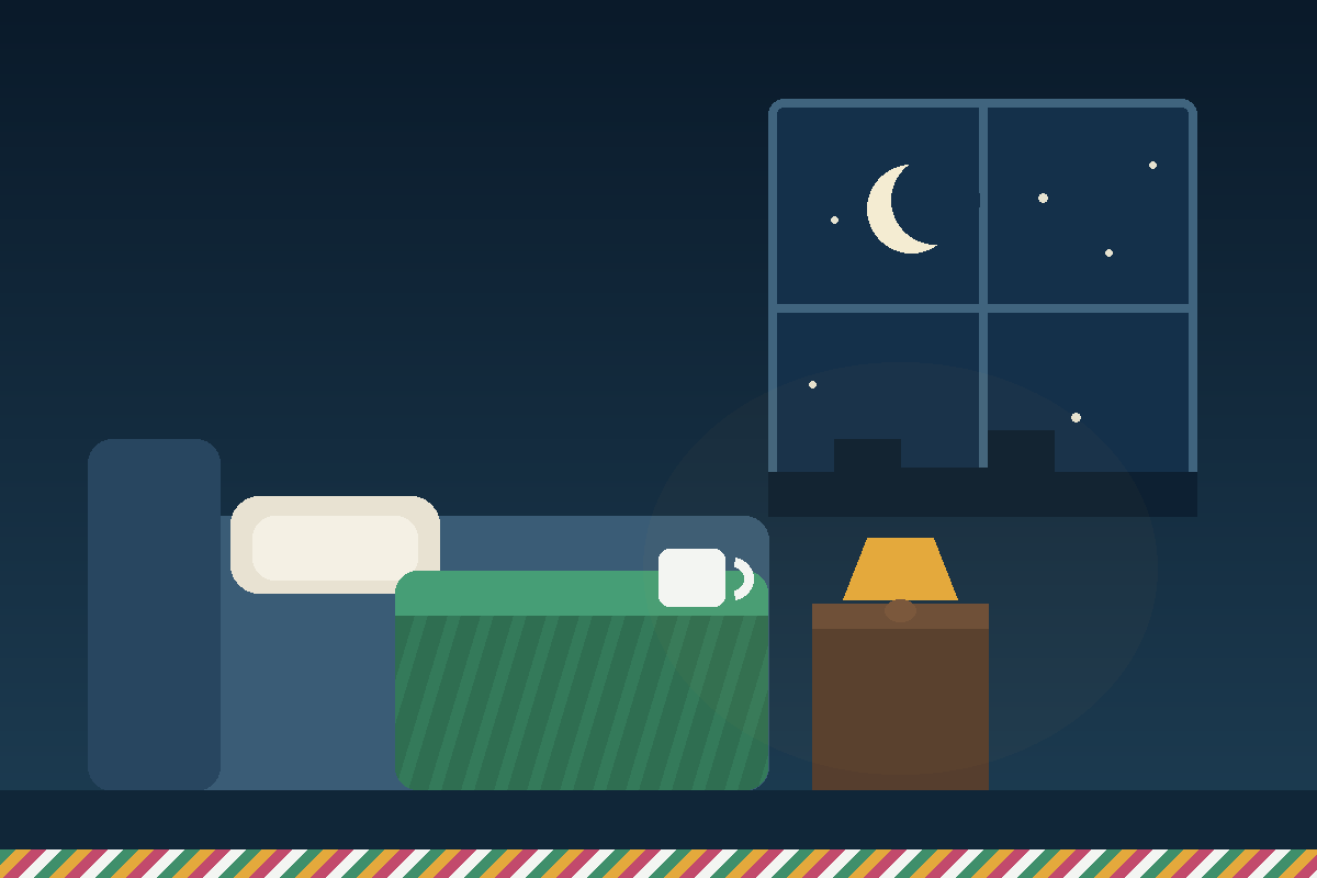 Illustration of an evening bedroom scene representing rest and recovery